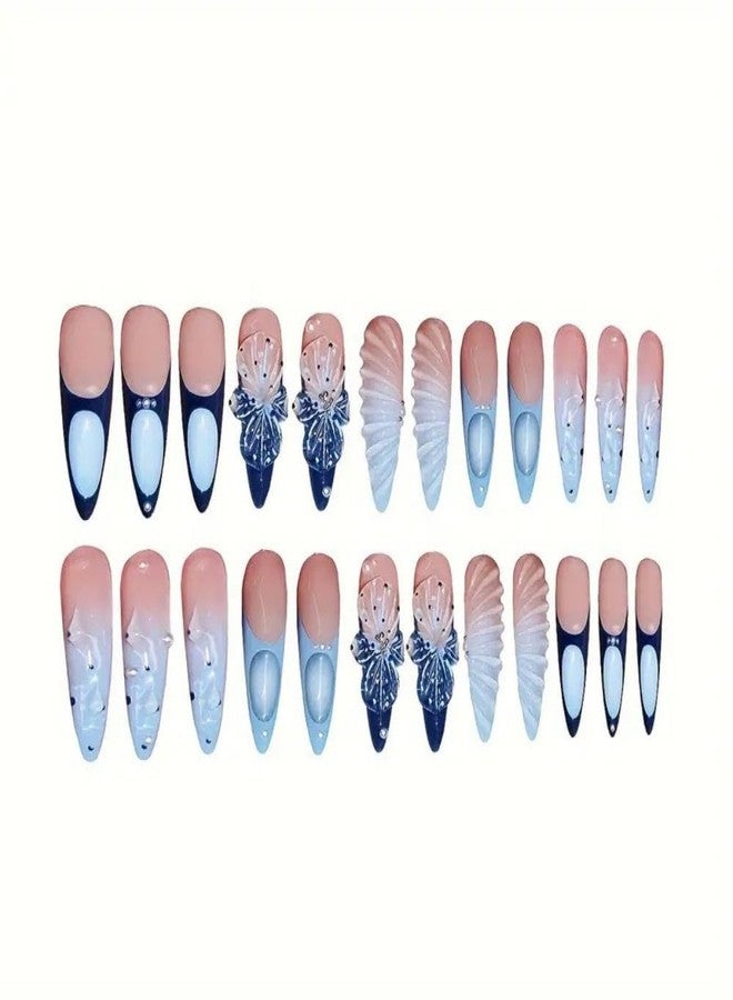 Sevgob Handmade Press on Nails Long Almond Glue on Nails with Flower Charm Design Blue French Tips Stick on Nails 3D Pearl Water Ripple Fake Nails Glossy Summer False Nails for Women Girls Manicure 24Pcs - Image 2